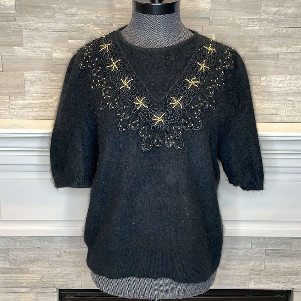 Vintage Calavini 70s Black Angora Sweater Short Sleeve Beaded Venetian Lace M
